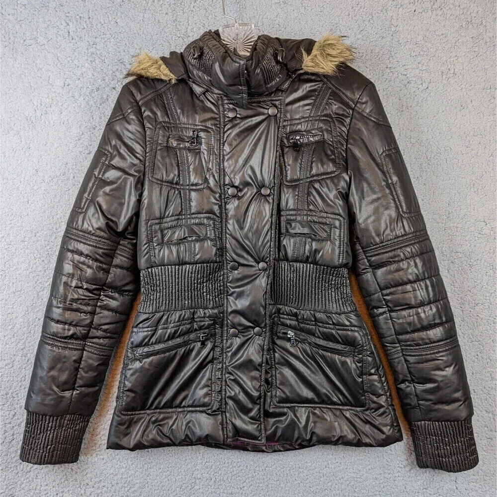 BKE Buckle Puffer Jacket Faux Fur Hood Coat Women's Size Small Black